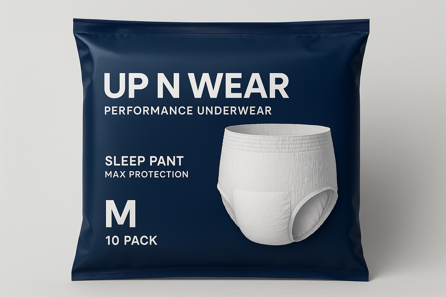 replace the size medium with just to letter M. Add text next to the pant - Sleep Pant, Max Protection in smaller text